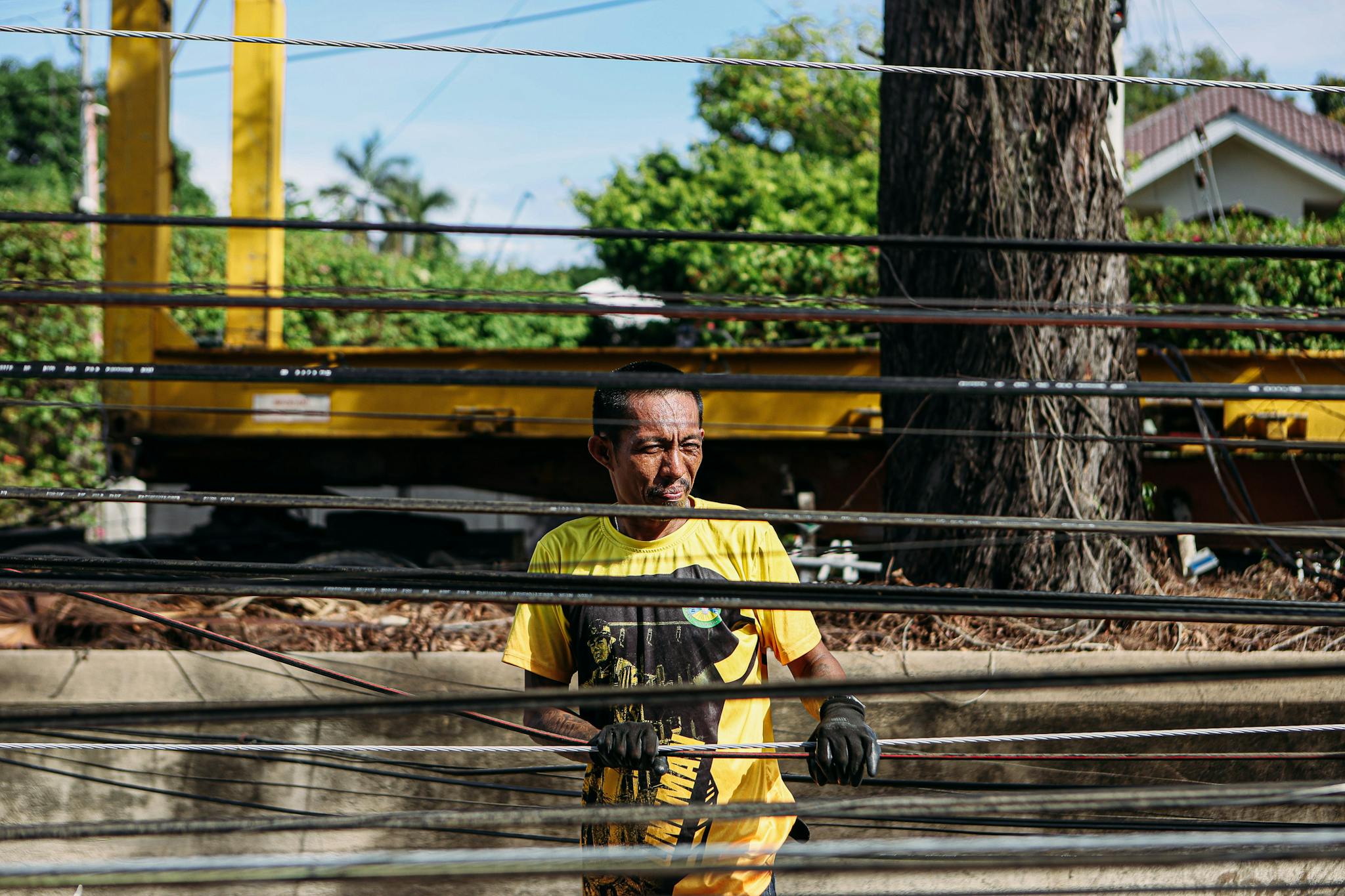Electrician inspecting power lines outdoors in a sunny setting. Urban maintenance and safety theme.